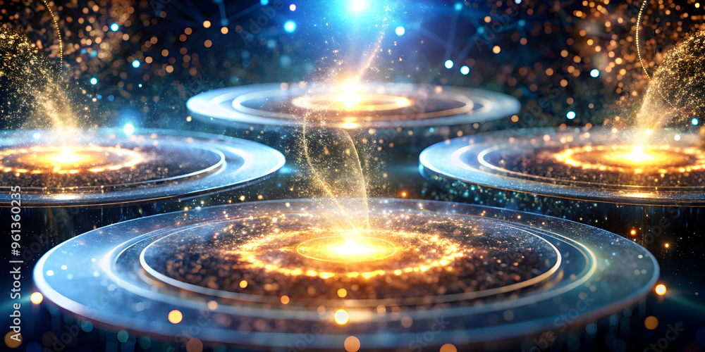 Poster cosmic convergence: abstract 3d rendering of glowing rings and shimmering particles evoke a sense of