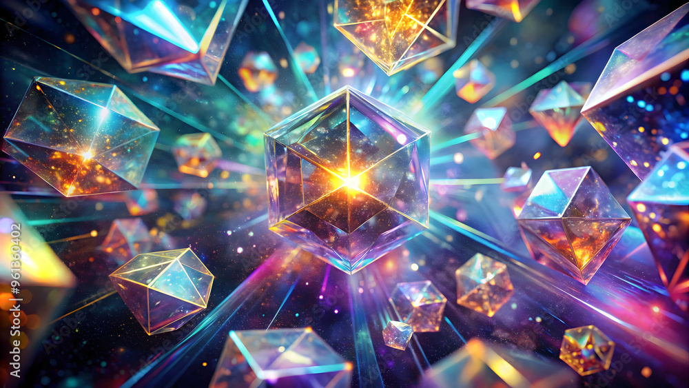 Poster prismatic geometry: a mesmerizing abstract artwork featuring an array of iridescent geometric shapes