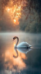 Fototapeta premium A swan swimming in a sunset lake with a misty morning and vibrant colors.