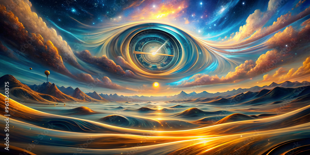 Poster cosmic timekeeper: a mesmerizing digital art piece depicting a celestial clock embedded within a swi