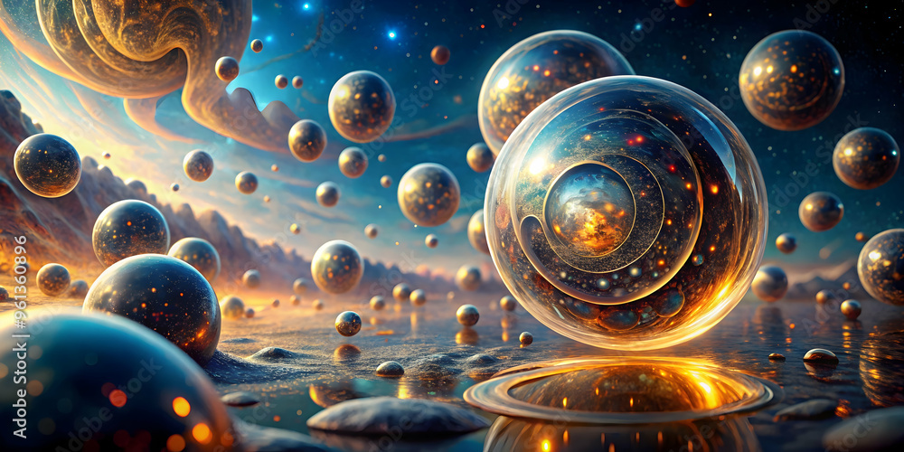Aufkleber cosmic reflections: a mesmerizing dreamscape of luminous orbs floating in a celestial expanse, each 