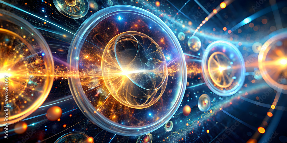 Poster cosmic flow: a mesmerizing abstract representation of energy and flow, featuring glowing orbs interc