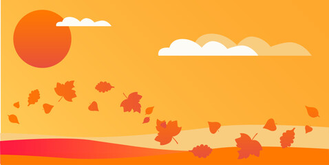 autumn landscape in warm colors with flying leaves, background for poster, banner, flyer, postcard