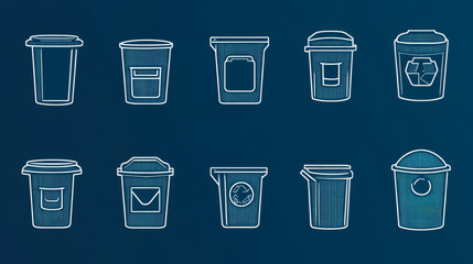 A collection of trash can icons in simple outline style.