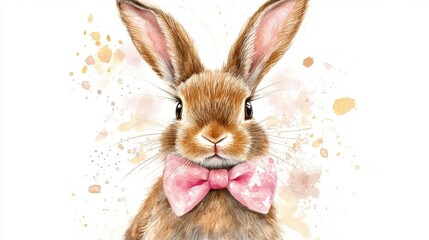 Obraz premium Charming Watercolor Portrait of a Cute Bunny with a Pink Bowtie