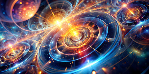 Cosmic Dance: Abstract fractal art depicting swirling nebulae, glowing orbs, and radiant energy, evoking a sense of wonder and cosmic interconnectedness.  