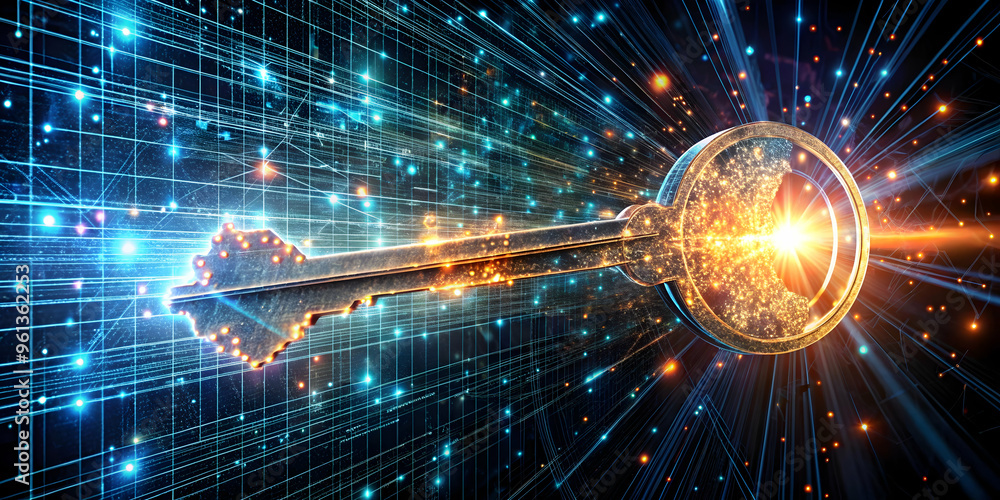 Poster digital key to success: a glowing golden key emerges from a stream of digital data, symbolizing the 