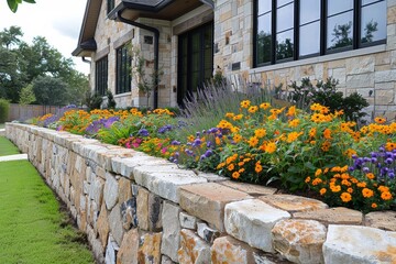 Obraz premium New stone wall and flower bed in front yard of Texas-style home, photographed during daytime.