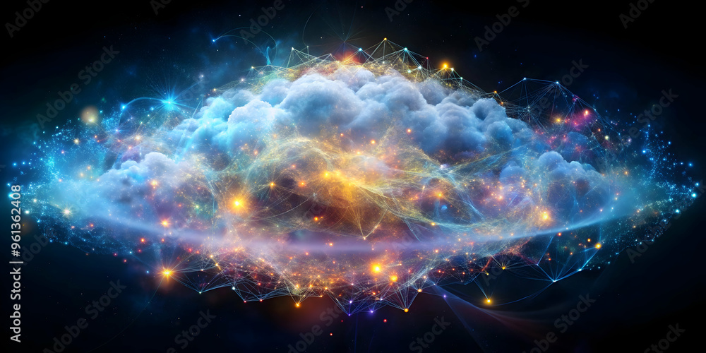 Poster digital cloud network: a mesmerizing digital abstract of a cloud with a glowing ring around it, depi