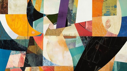 Envision an abstract collage with mixed media elements. The scene features cut-out shapes, textured surfaces, and layered colors