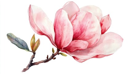 Fototapeta premium Stunning Watercolor Magnolia Flower with Pink Petals and Lush Green Leaves