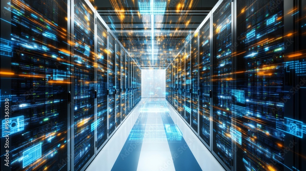 Poster data center, server room with supercomputer. big data, artificial intelligence concept.