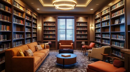 Envision an adult book club meeting in a chic, modern library. The room is filled with comfortable seating