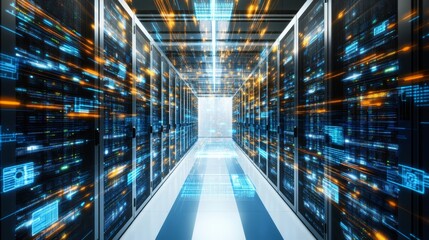 Obraz premium Data Center, Server Room With Supercomputer. Big Data, Artificial Intelligence Concept.