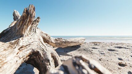 Fototapeta premium Driftwood on a Beach with Ocean in the Background