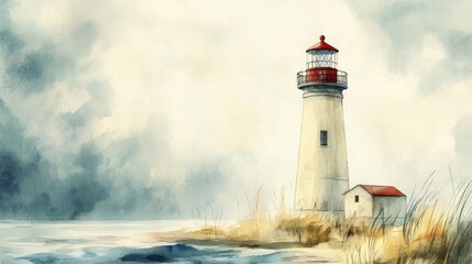 Obraz premium A Serene Watercolor of a Lighthouse Amidst a Stormy Sky and Tranquil Waters