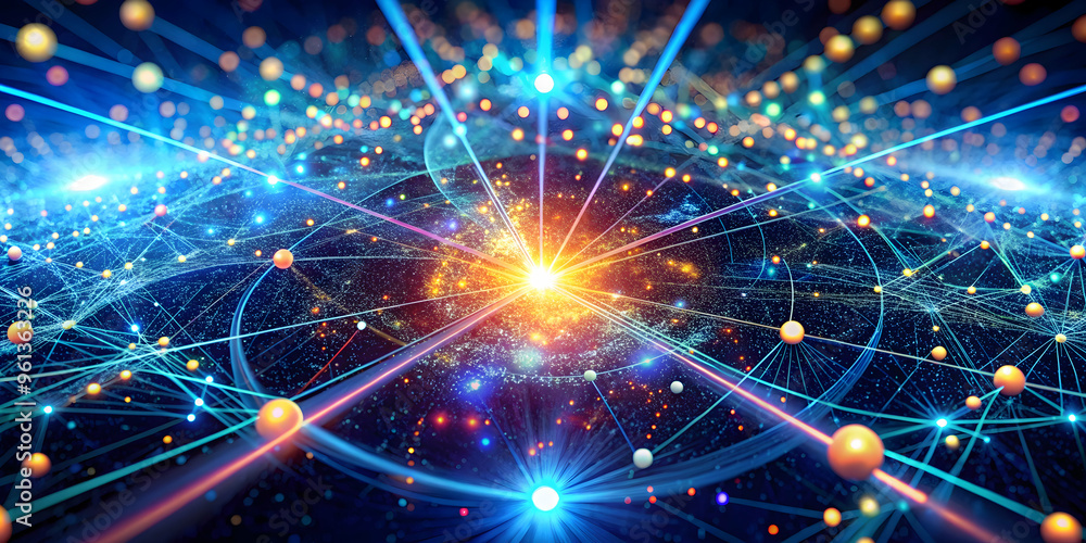 Poster cosmic nexus: a vibrant 3d rendering of a network of interconnected atoms, pulsating with energy and