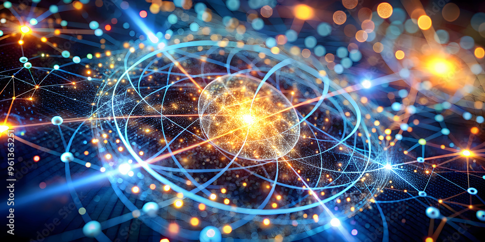 Poster quantum illumination: a mesmerizing 3d render of a radiant atom, pulsating with energy and interconn