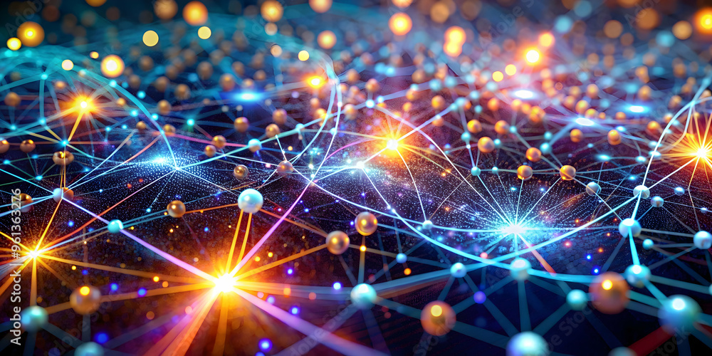 Poster abstract network: a mesmerizing abstract network of glowing spheres and lines pulses with vibrant en