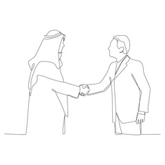 Single continuous line drawing of young muslim manager gives short job brief to a member at team meeting, One line draw design vector illustration.