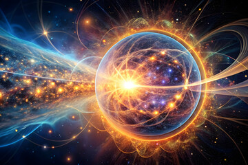 Fototapeta premium Cosmic Dance: A mesmerizing abstract fractal artwork depicting a swirling galaxy of iridescent orbs and glowing energy, symbolizing the interconnectedness of the universe and the infinite possibilitie