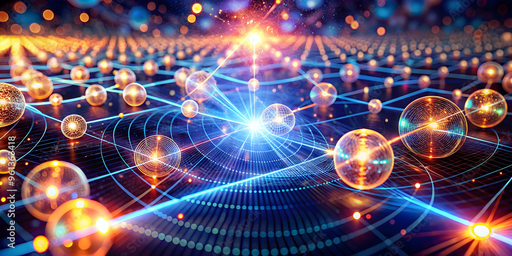 Poster quantum illumination: a luminous network of interconnected atoms glows with vibrant energy, capturin