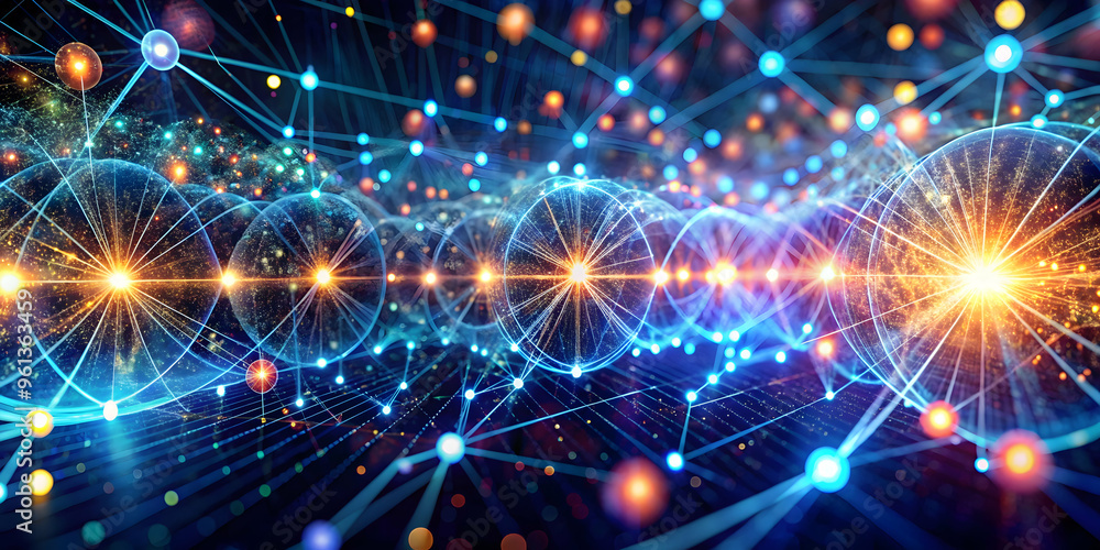 Poster cosmic data stream: a mesmerizing network of interconnected nodes pulses with vibrant energy, depict