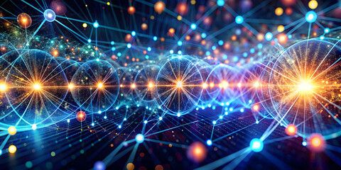 Obraz premium Cosmic Data Stream: A mesmerizing network of interconnected nodes pulses with vibrant energy, depicting the flow of information and the power of digital connections.