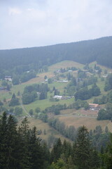 Obraz premium Landscape nature mountain scenery, green touristic view, hiking journey outdoor panorama. Summer trip to blossom valley reserve