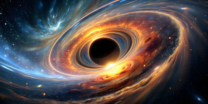 Cosmic Abyss: A supermassive black hole singularity warps spacetime, its immense gravity drawing in swirling gas and light in a breathtaking celestial spectacle. 