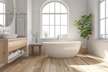 This is a stylish and modern bathroom designed with a sleek bathtub, beautiful wooden elements, and abundant natural light creating a serene atmosphere