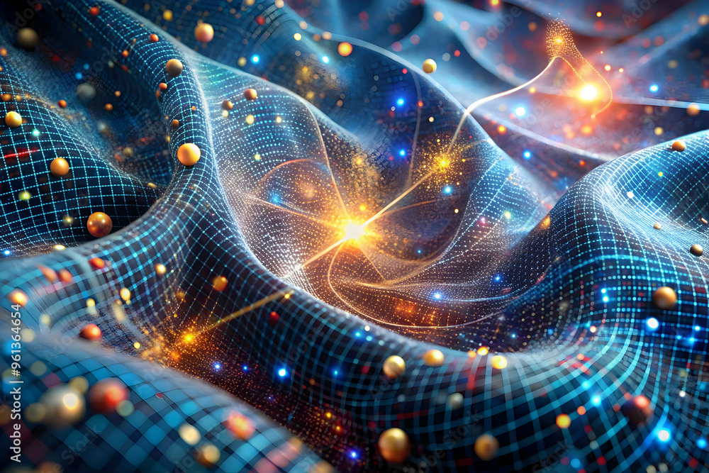 Aufkleber cosmic dance of energy: a mesmerizing visualization of quantum particles interacting within a vibran