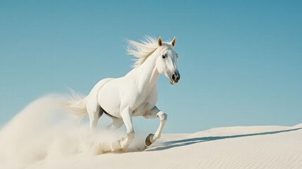 Beautiful White Horse Running on Sandy Dunes with Blue Sky