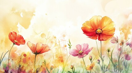 Vibrant Watercolor Floral Composition with Colorful Poppies and Soft Hues