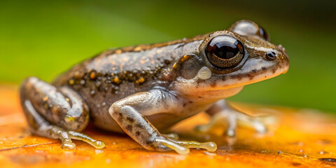Curious Amphibian: A tiny frog perches on a vibrant, wet leaf, its large eyes reflecting the lush rainforest surroundings in exquisite detail. 