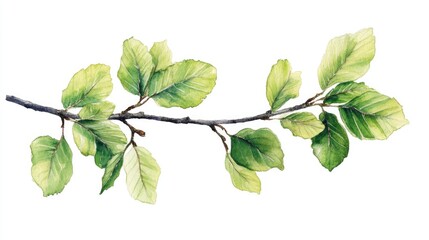 Fototapeta premium Beautiful Watercolor Illustration of Fresh Green Leaves on a Branch