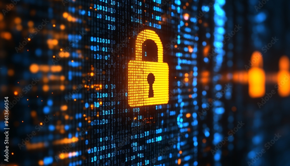 Poster digital security lock on binary code background, cybersecurity concept. 3d illustration