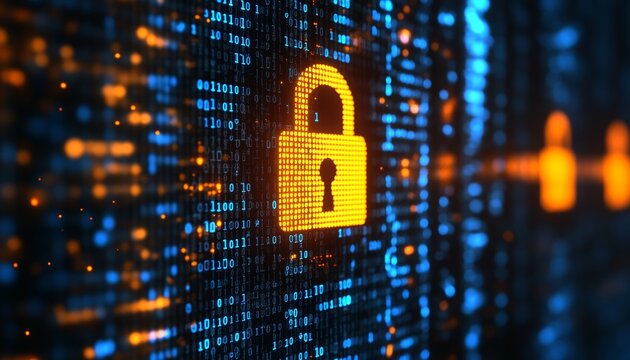 Digital Security Lock On Binary Code Background, Cybersecurity Concept. 3D Illustration