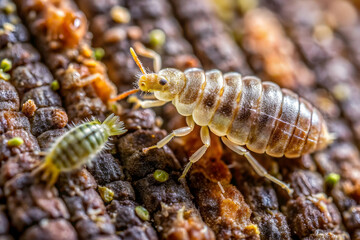 Fototapeta premium Close-up of a Tiny Insect on Tree Bark: A macro shot captures the intricate details of a small, translucent insect crawling across rough tree bark. The insect's segmented body 