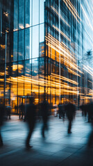 Movement of businessmen and office workers in workplaces and skyscrapers background. Ai generate.	
