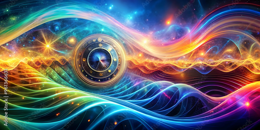 Poster cosmic chronometer: a golden clock nestled within vibrant waves of energy, representing the passage 