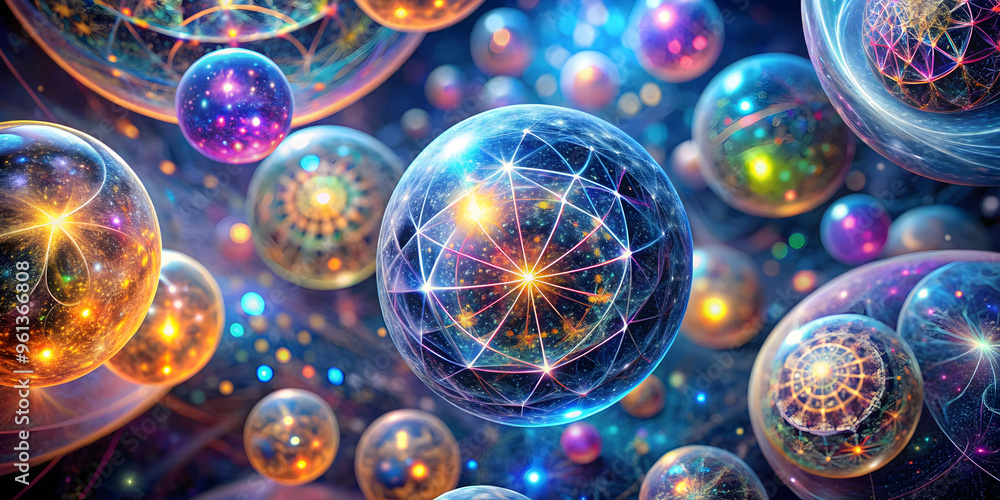 Poster cosmic dance of orbs: a captivating digital art piece featuring a mesmerizing array of swirling, vib