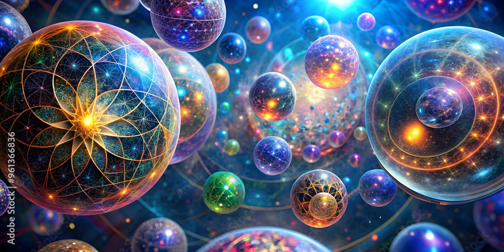 Poster cosmic dance of orbs: a captivating digital art piece featuring a mesmerizing array of swirling, vib