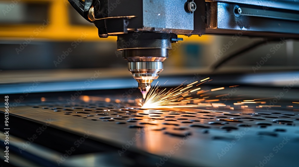 Poster a laser cutting machine in action, creating sparks while processing metal sheets.
