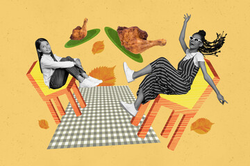 Composite photo collage of two happy girls mother daughter roasted turkey sit chair banquet preparation isolated on painted background