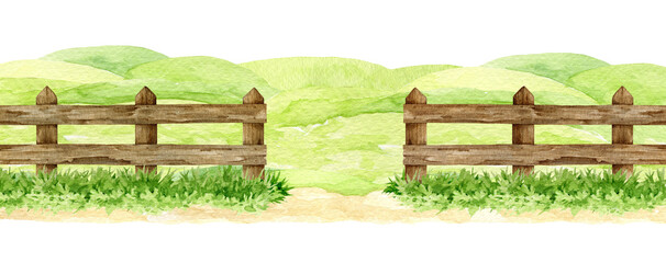 Green grass meadow protected with wooden fence with center entrance. Painted illustration. Farm, ranch pasture surrounded by wooden fence with entry. Countryside farm field landscape element © anitapol