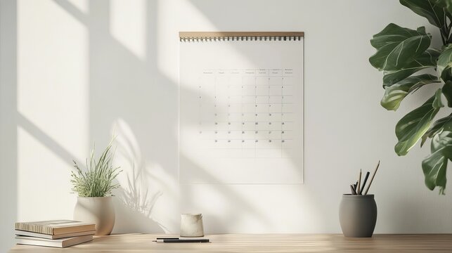 Generate a scene of a wall calendar with a monthly view and inspirational quotes.