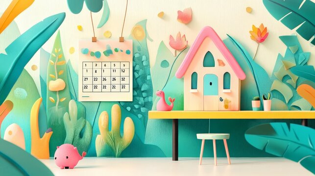 Generate a scene of a wall calendar with a playful, cartoonish design.
