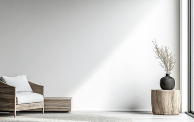 Interior design composition with a large window, natural lighting and minimalist furniture. Residential Real Estate composition with copyspace