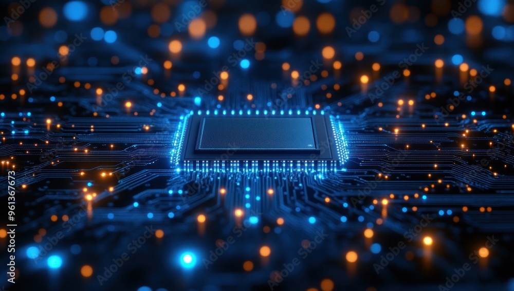 Poster digital circuitry: a closeup of a microchip